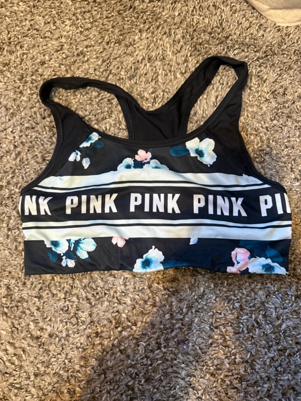 PINK Victoria's Secret Black Floral Racerback Sports Bra with White Logo Band